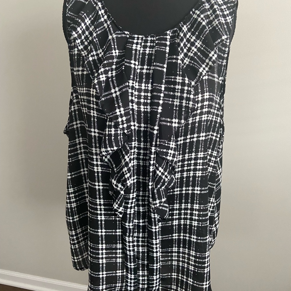 Black and White Plaid Sleeveless Top with Ruffle Trim